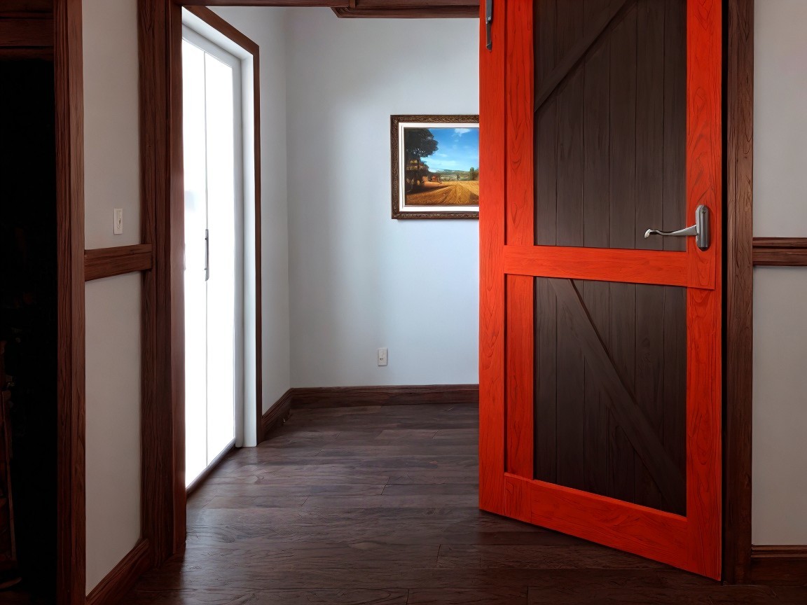 Modern Interior with Red Door and Landscape Painting