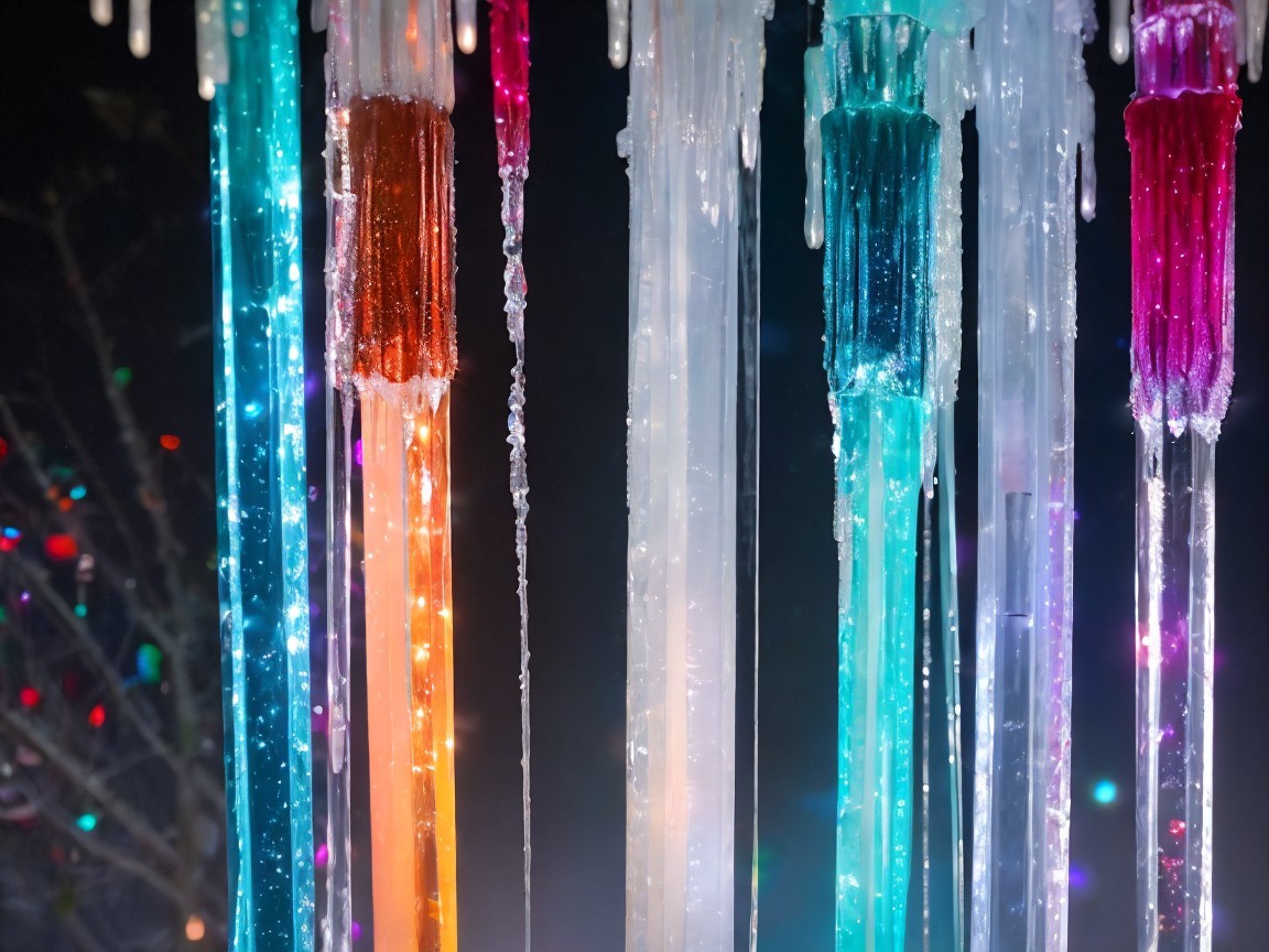 Colorful Icicles with Vibrant Lights in Winter Scene