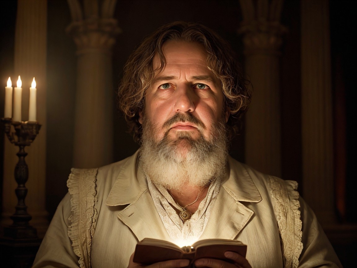 Man with Beard in Candlelit Room Reading a Book