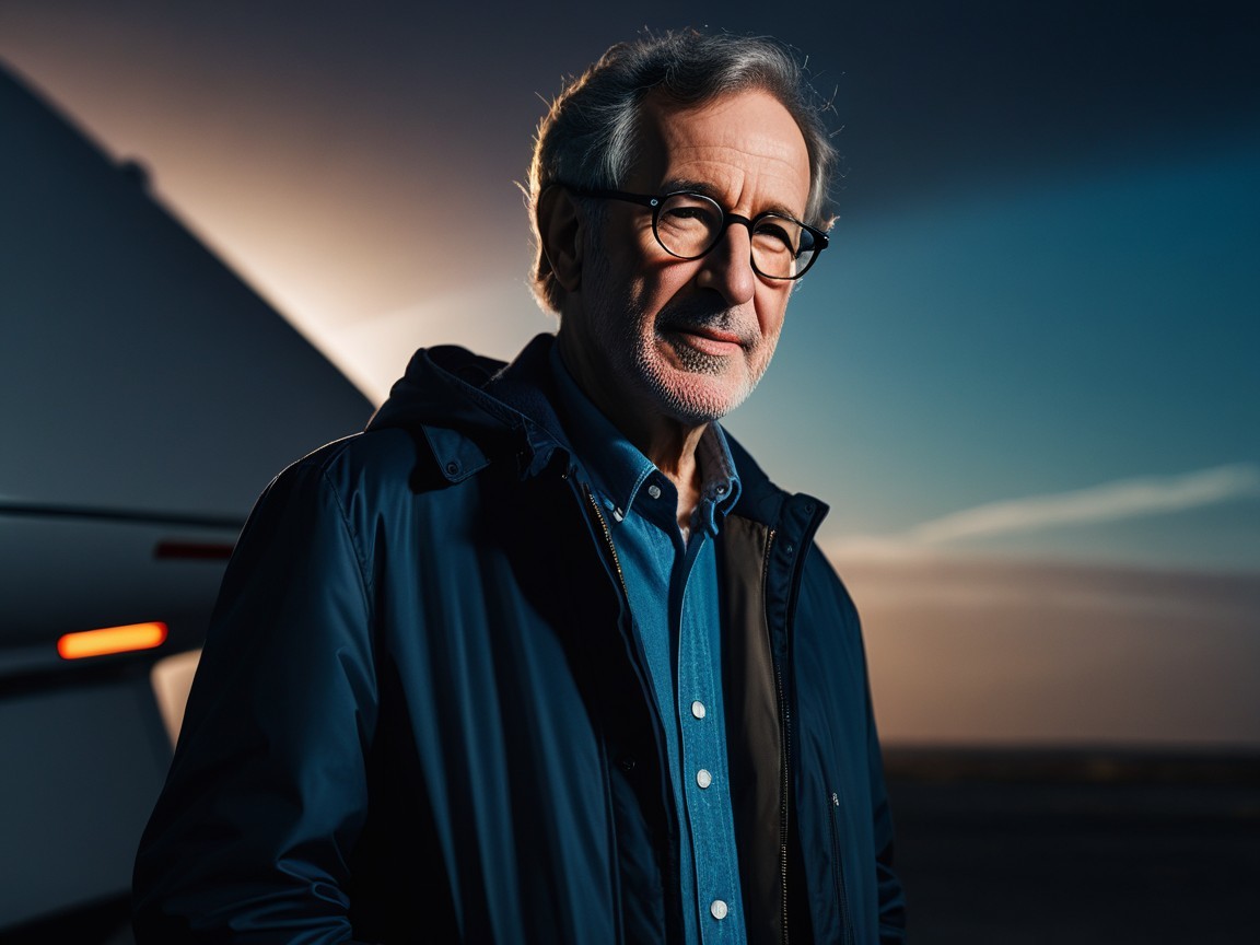 Middle-aged man in front of private jet at sunset