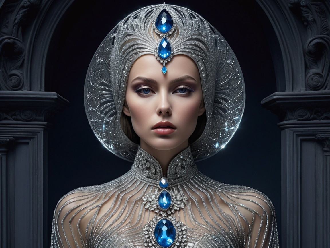 Striking Woman in Silver Gown with Blue Gemstones