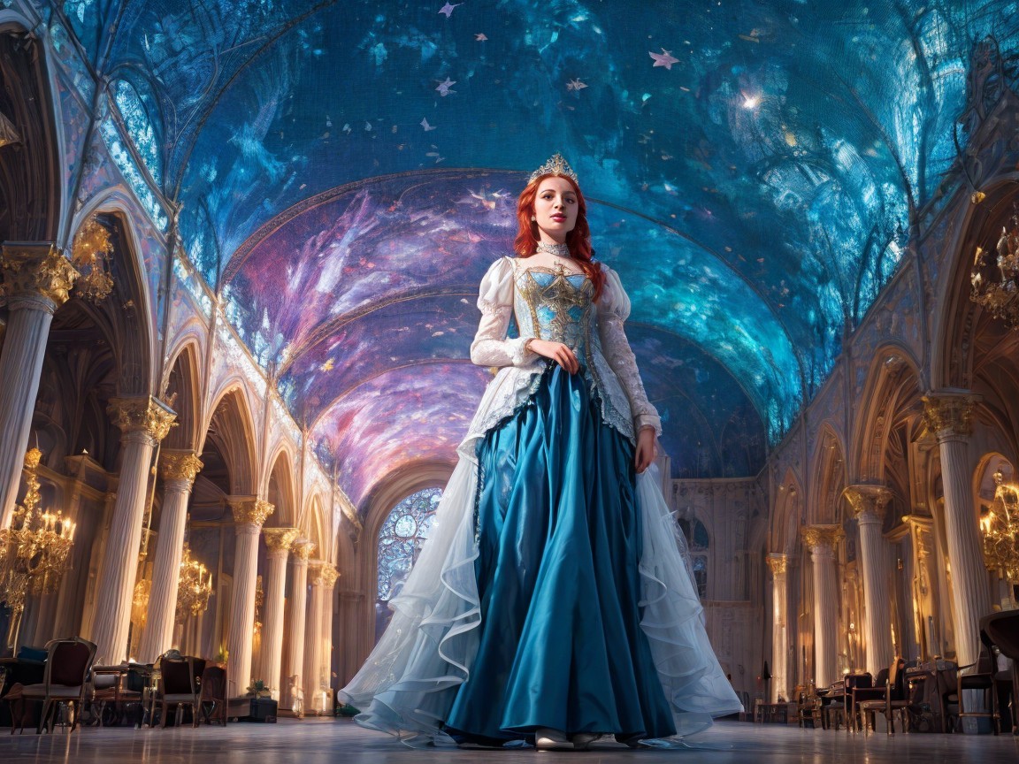 Young woman in elegant gown in grand hall setting