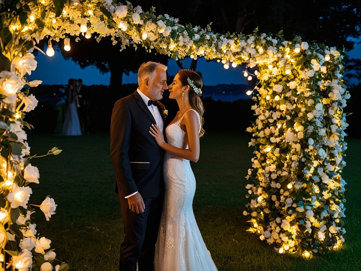 Couple Under Floral Archway on Wedding Day