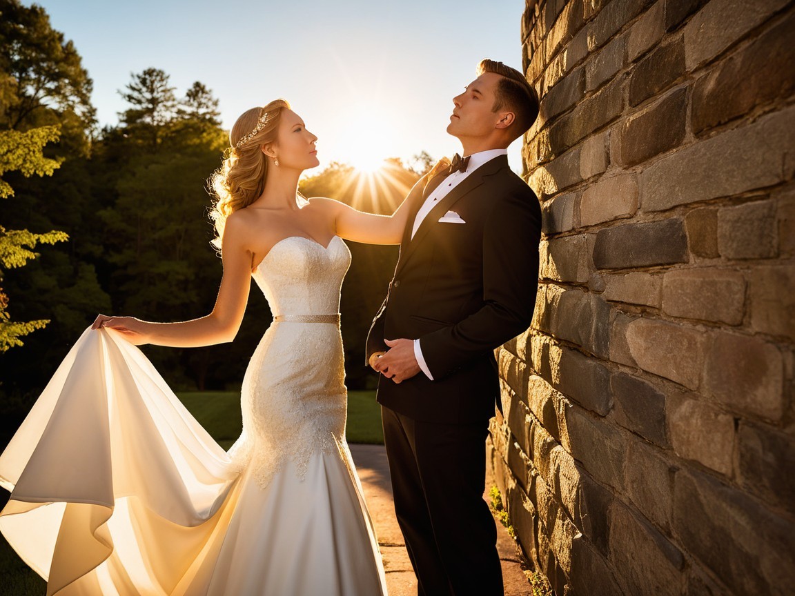 Bride in Strapless Gown with Groom at Sunset