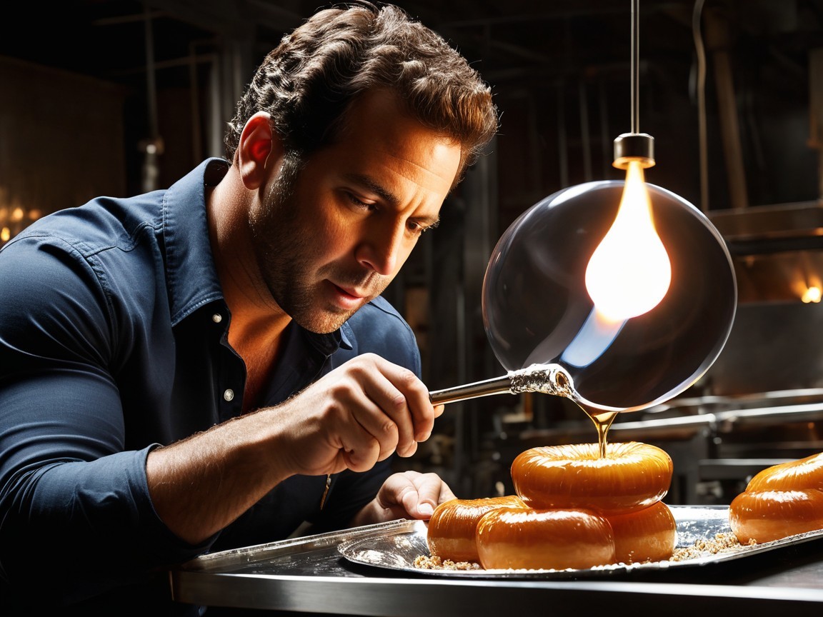Chef Drizzling Syrup on Glazed Donuts in Kitchen