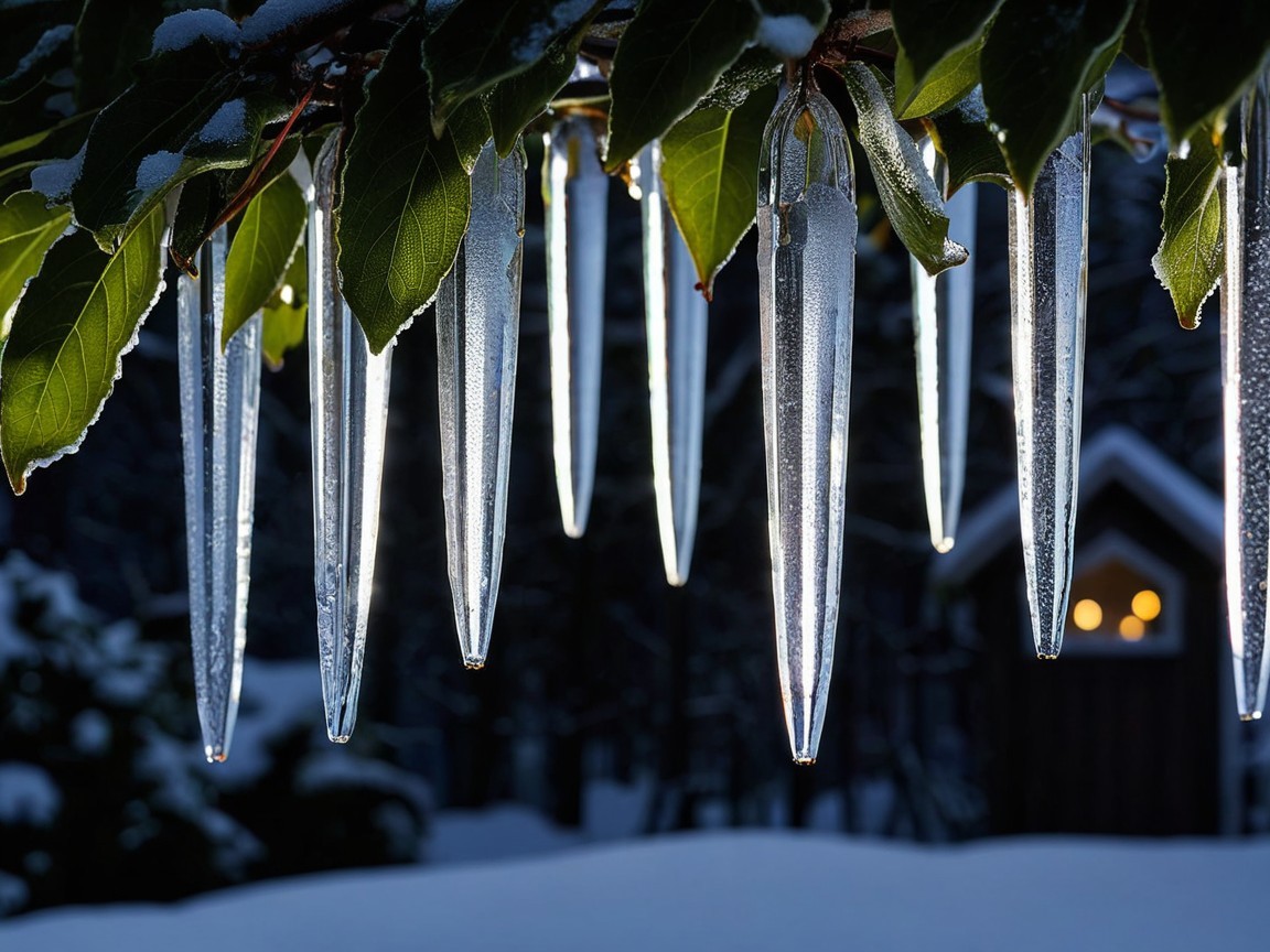 Winter Landscape with Icicles and Cozy Cabin