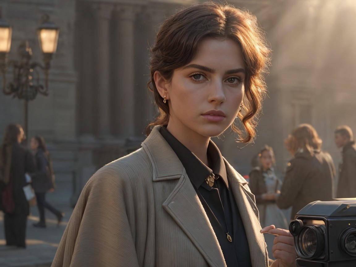 Young woman in stylish coat amid urban scene