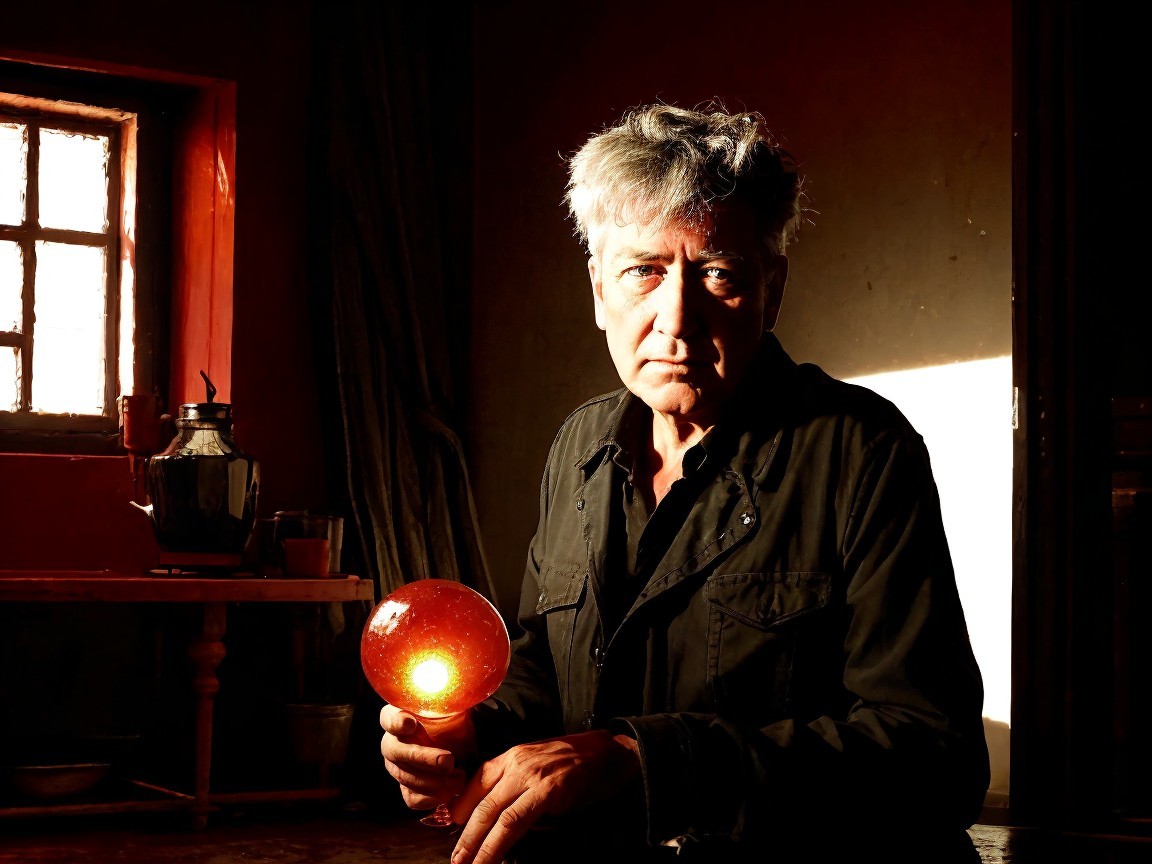 Man with glowing orb in a dimly lit rustic room