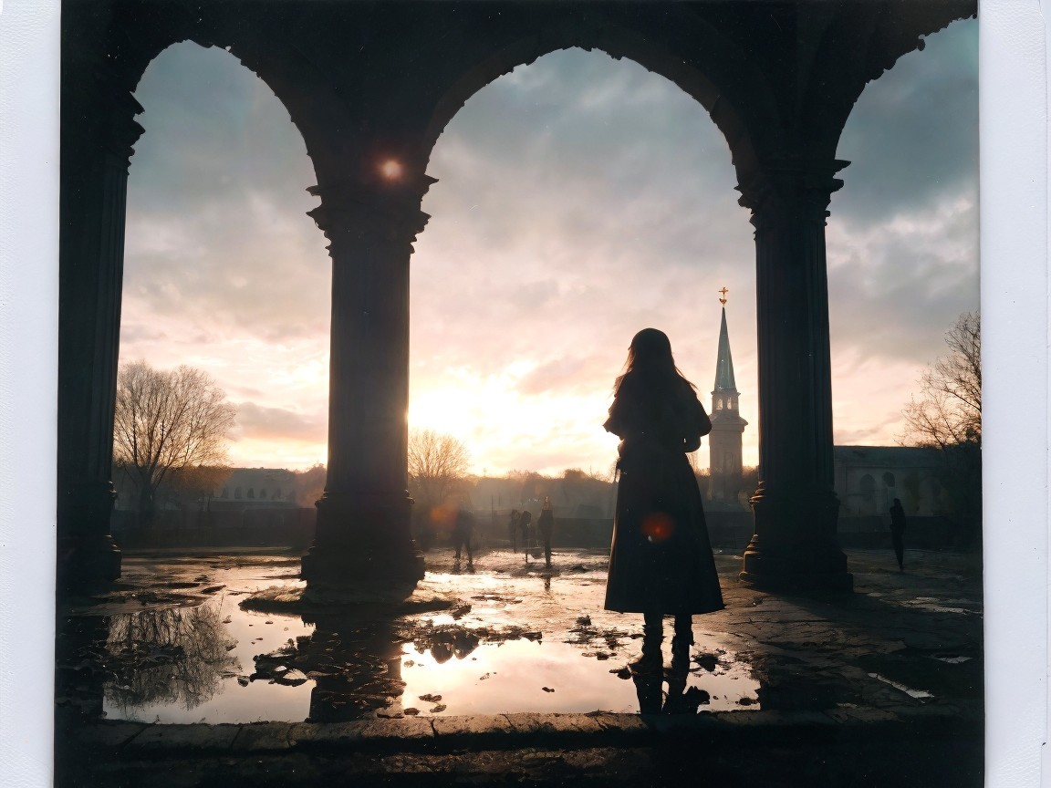Silhouette of a woman under columns at sunset