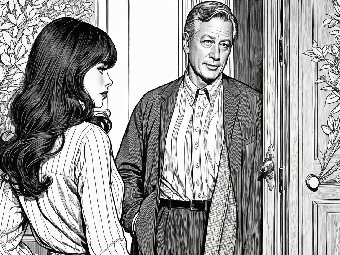 Vintage Black-and-White Illustration of a Couple at Doorway
