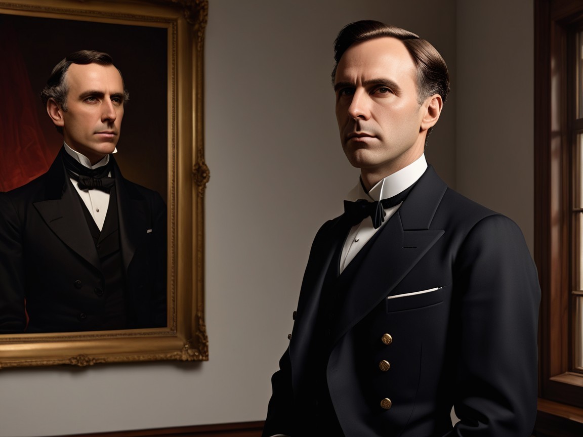 Elegant Man in Tuxedo Beside Vintage Portrait