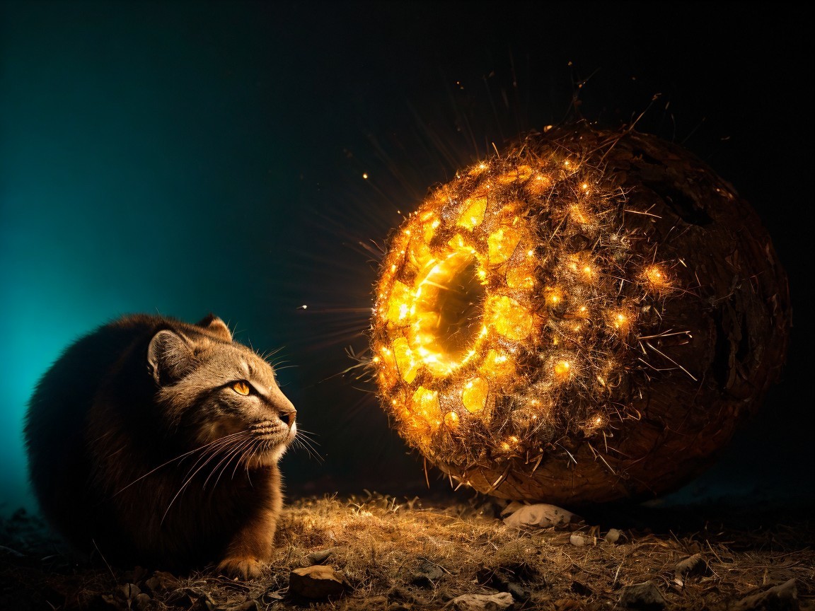 Fluffy Cat Beside Glowing Orb in Mystical Setting