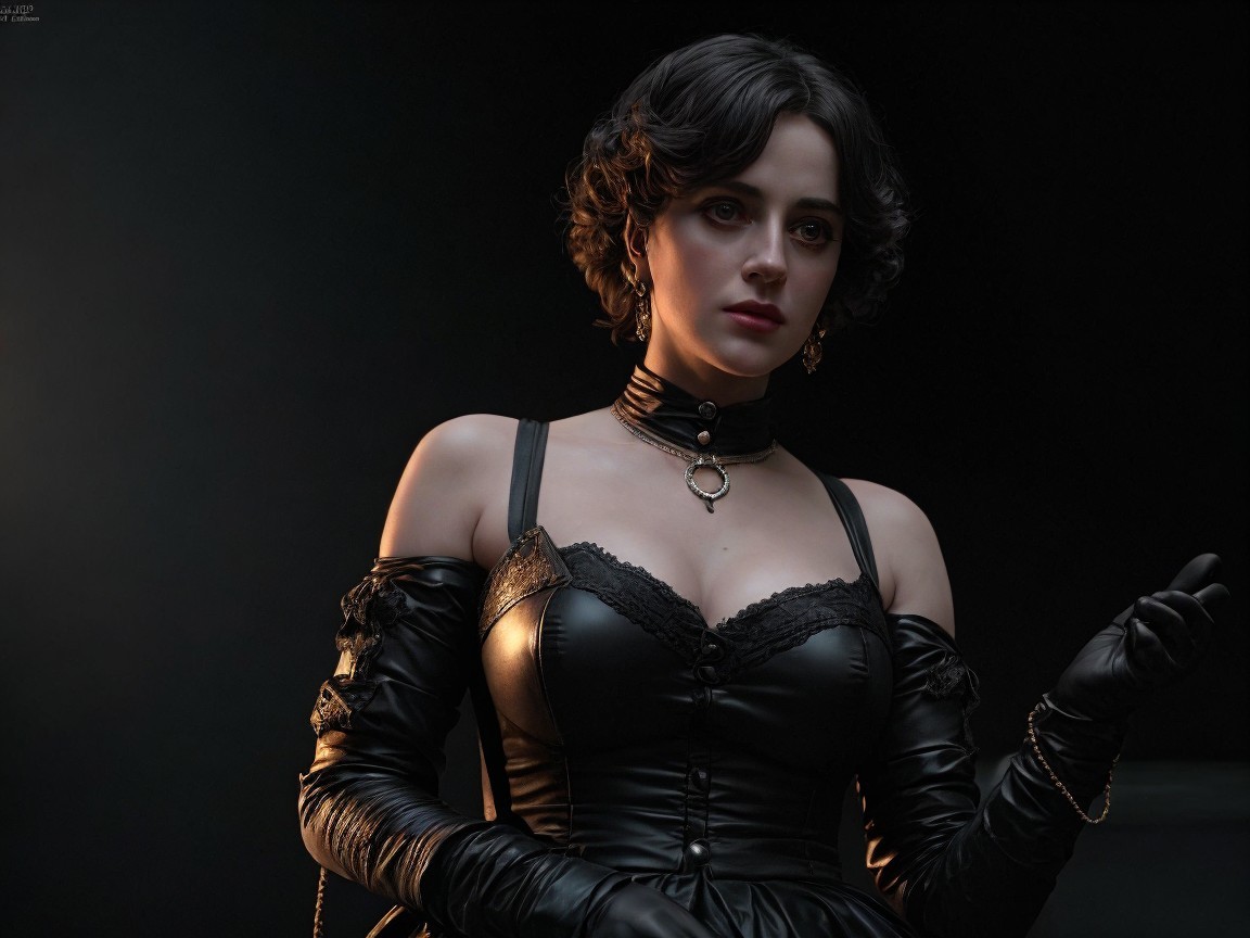 Woman in Black Leather Outfit with Dark Hair