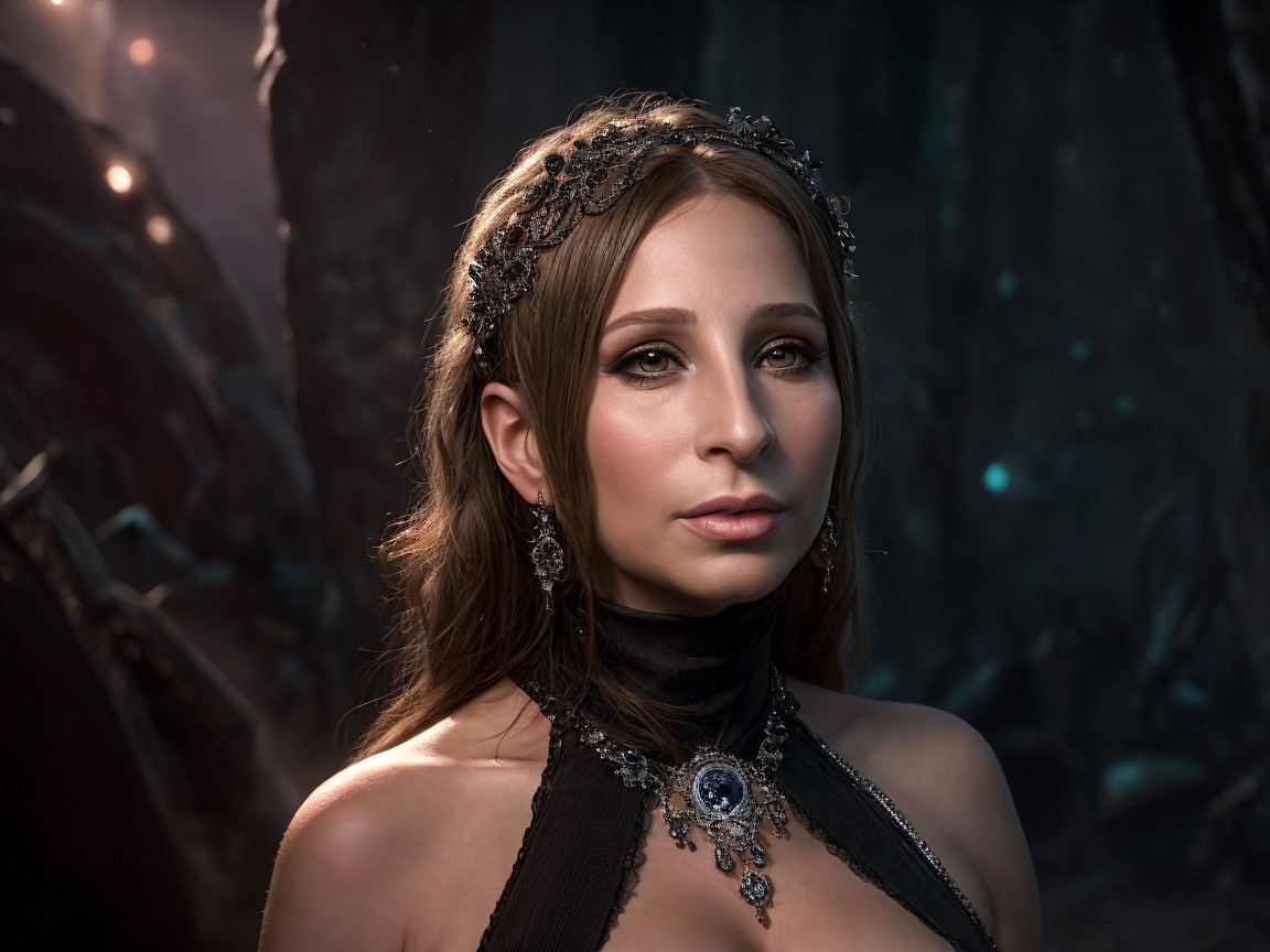 Elegant Woman in Black Gown with Mystical Background