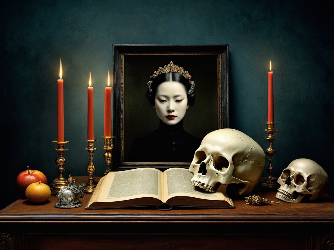 Dark Atmospheric Setting with Book and Skulls