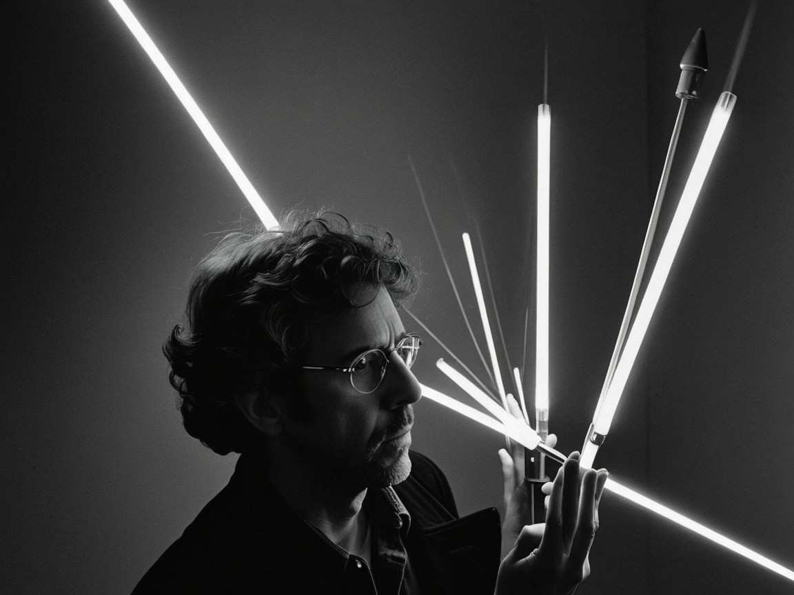 Man with Curly Hair in Dim Space with Neon Tubes