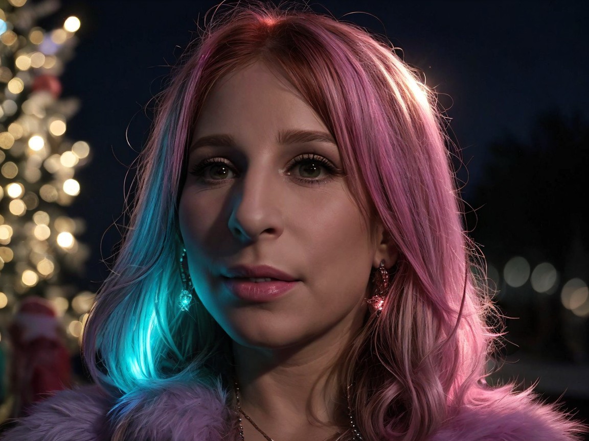 Young woman with pink and blue hair in festive setting