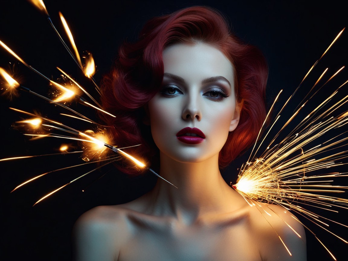 Portrait of Woman with Vintage Red Hair and Sparklers
