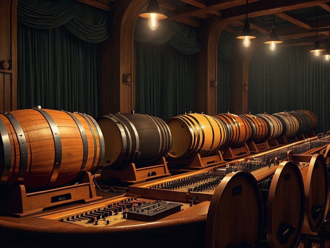 Elegant Interior with Wooden Barrels and Warm Lighting