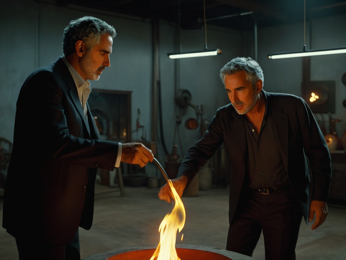 Two Men in Suits by a Large Pot of Flames