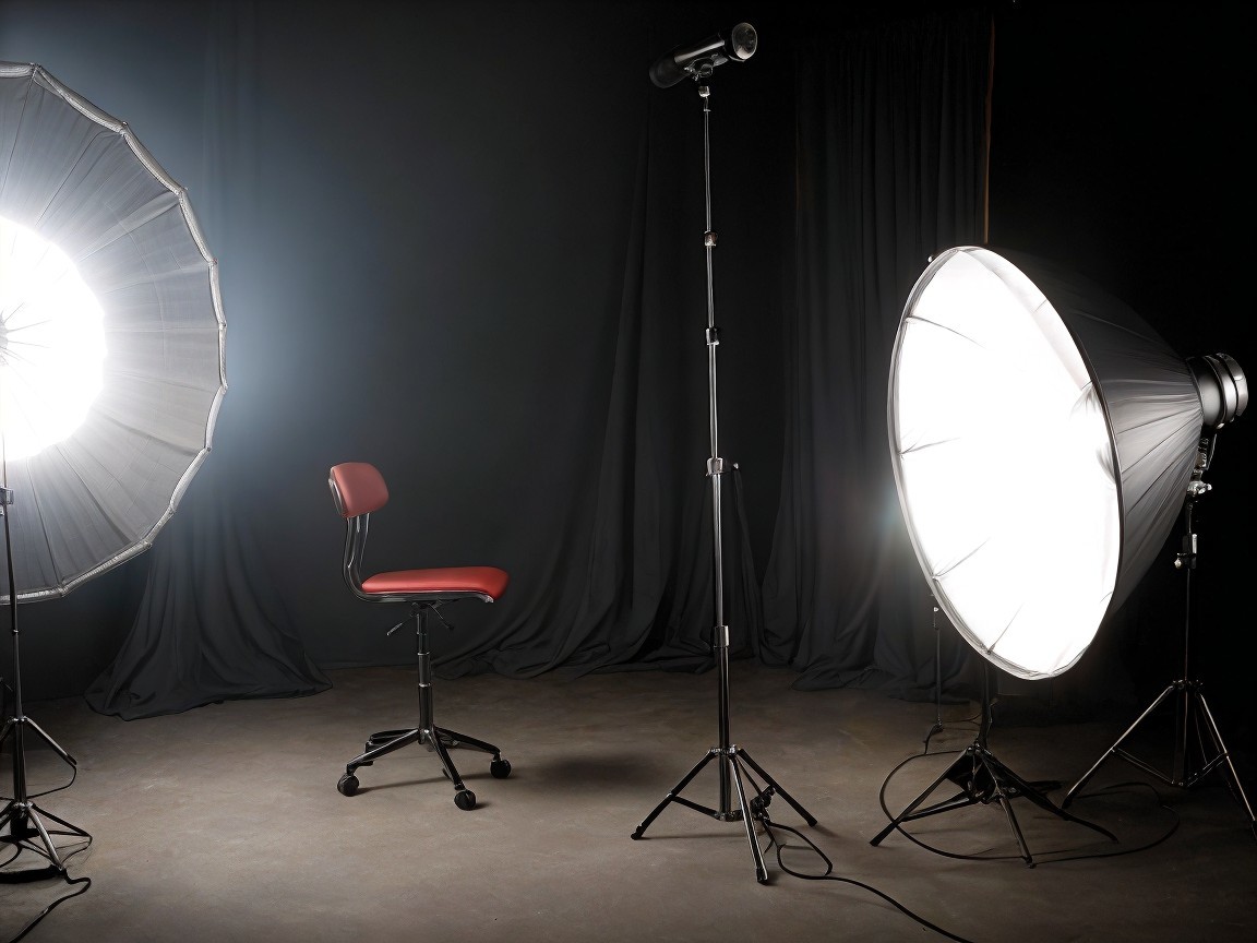 Dimly Lit Studio Setup with Red Rolling Chair and Lights