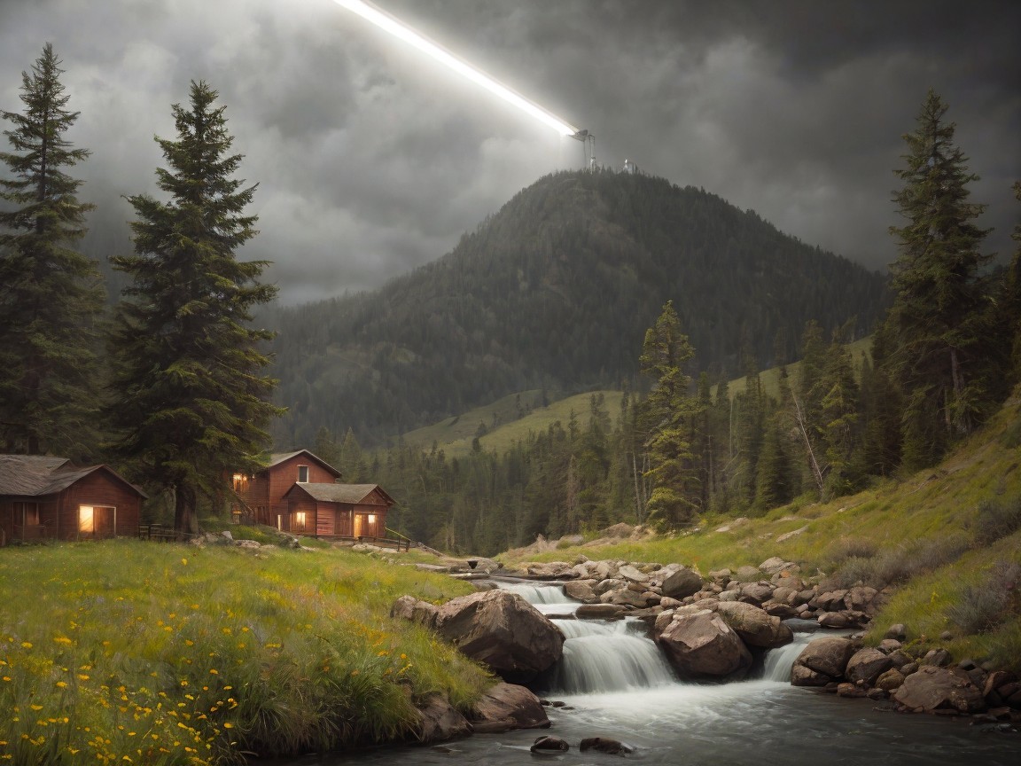 Quaint Cabins by River Under Dramatic Cloudy Sky