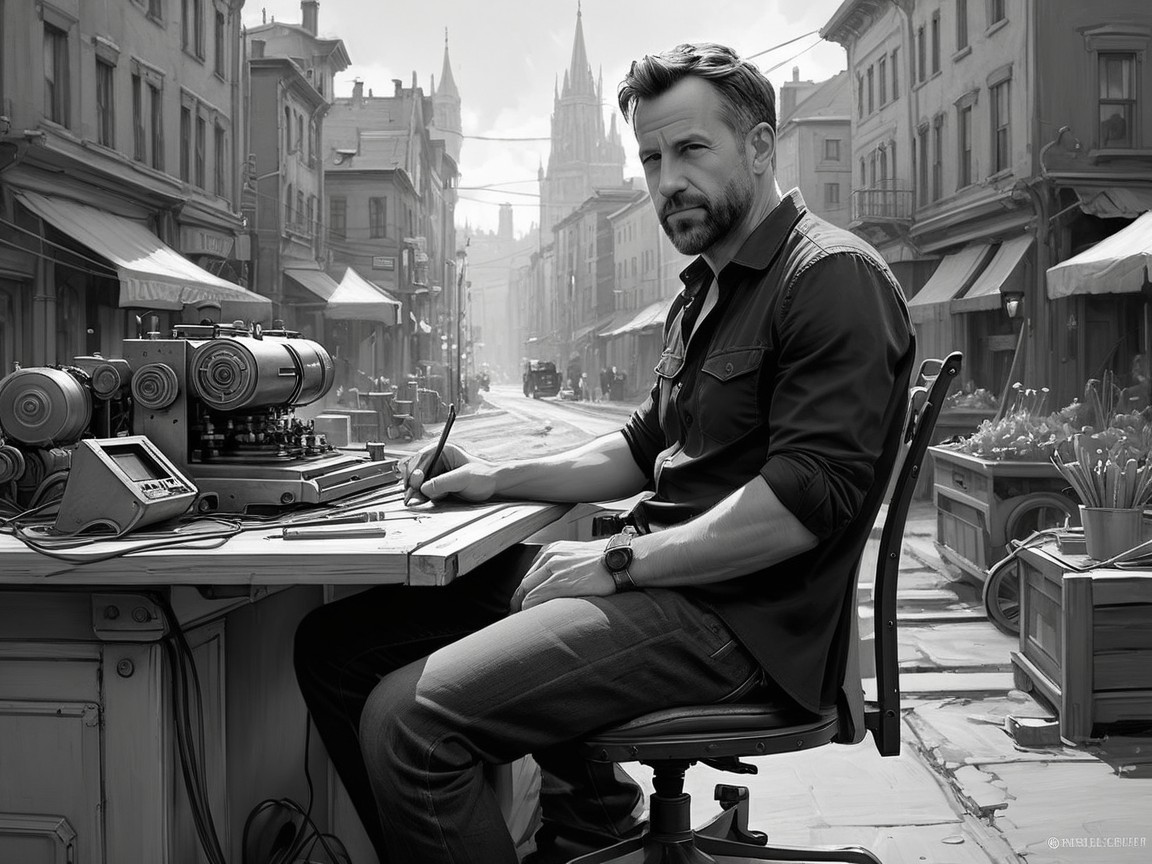 Man at Desk in Historic Townscape Setting