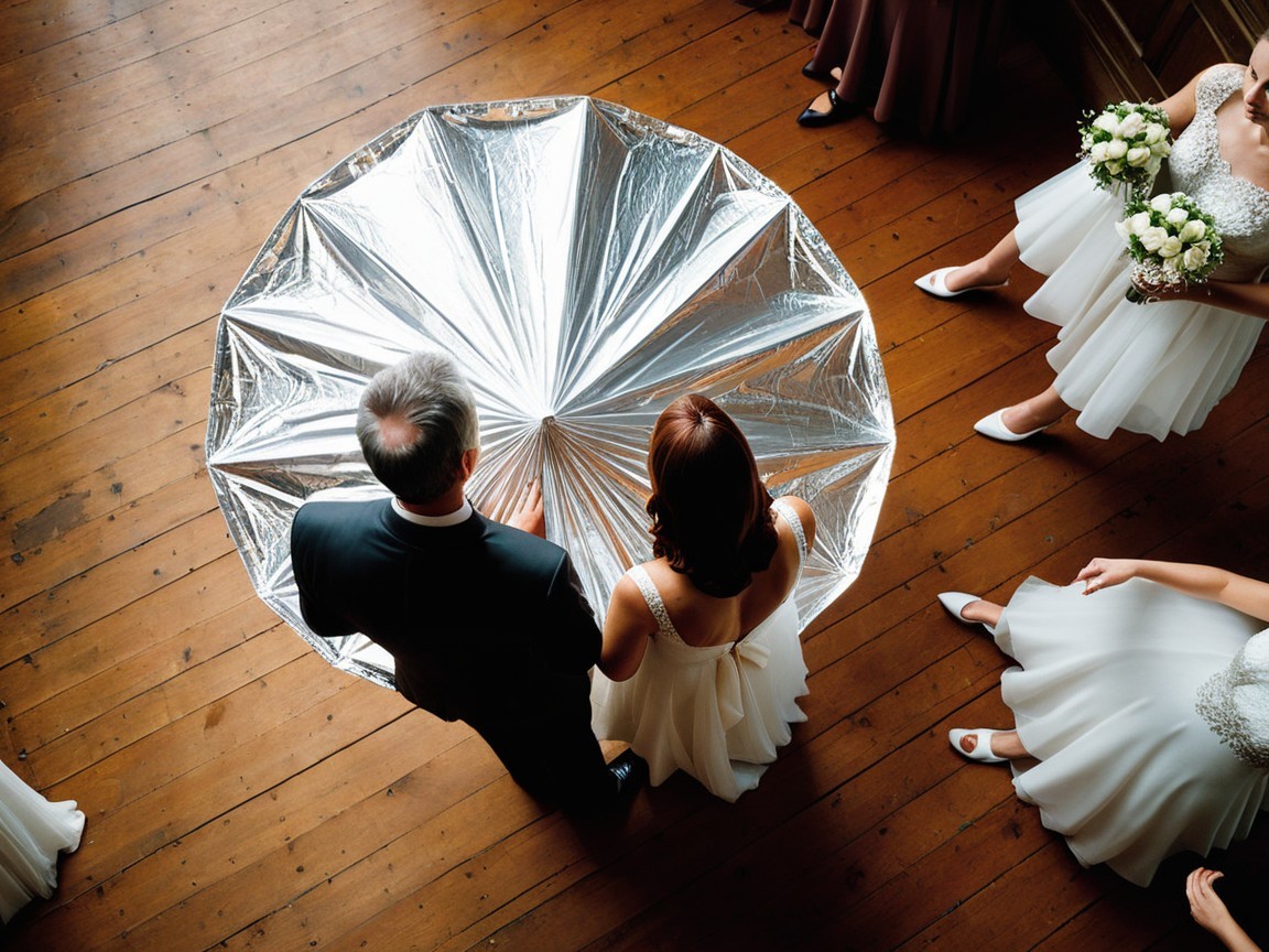 Elegant Couple Under Silver Umbrella with Bridesmaids