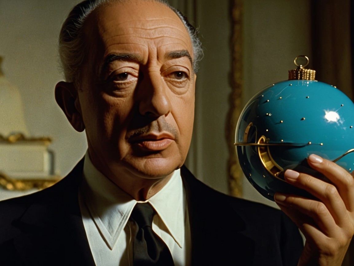 Man in formal attire examines teal globe-like object