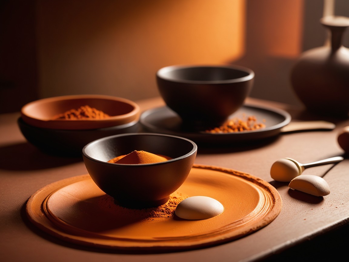 Serene kitchen scene with orange light and bowls