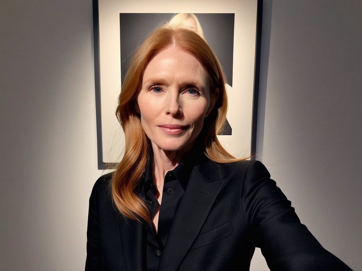 Woman with long red hair in black suit selfie