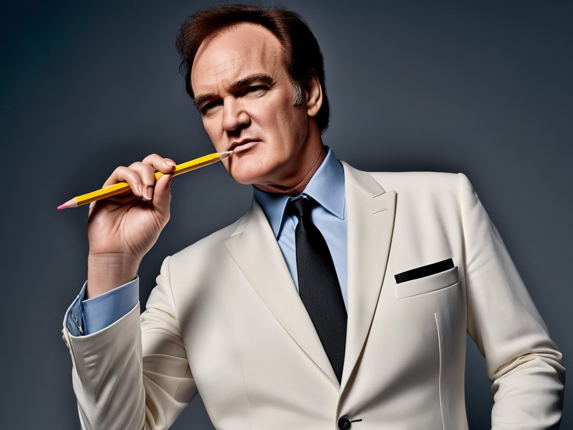 Confident Individual in White Suit with Yellow Pencil