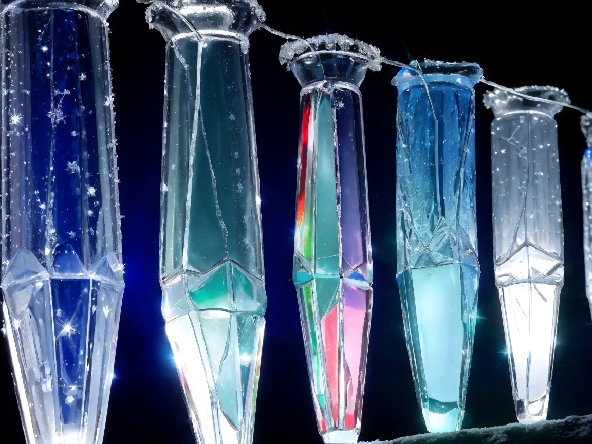 Colorful Icicles and Snowflakes in Winter Scene