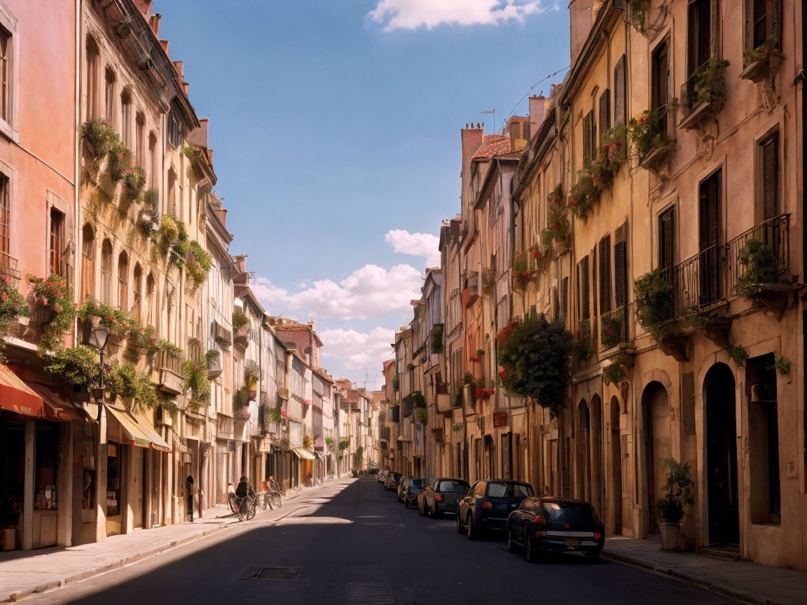 Charming Narrow Street with Pastel Buildings and Balconies