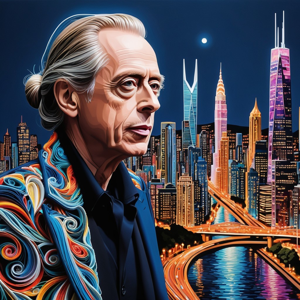 Man in Colorful Jacket Against Vibrant City Skyline