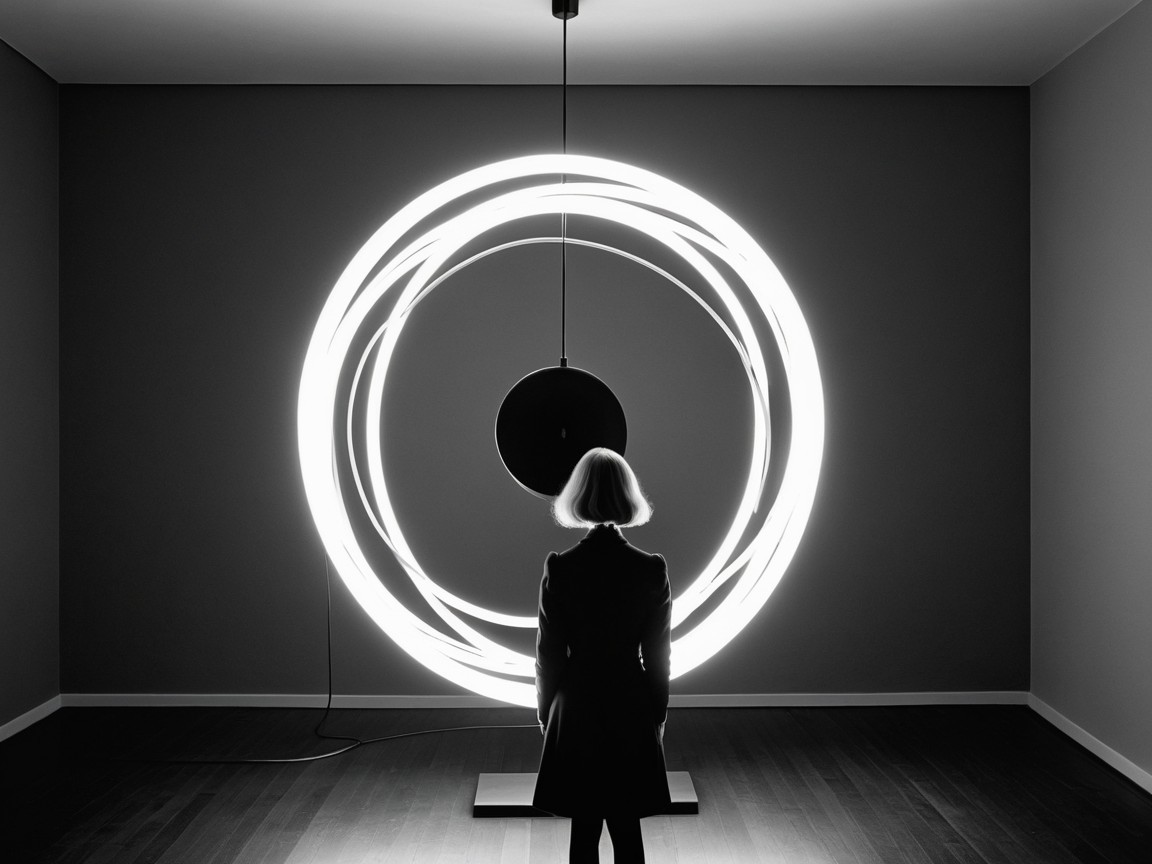 Silhouetted Figure in a Dimly Lit Art Installation