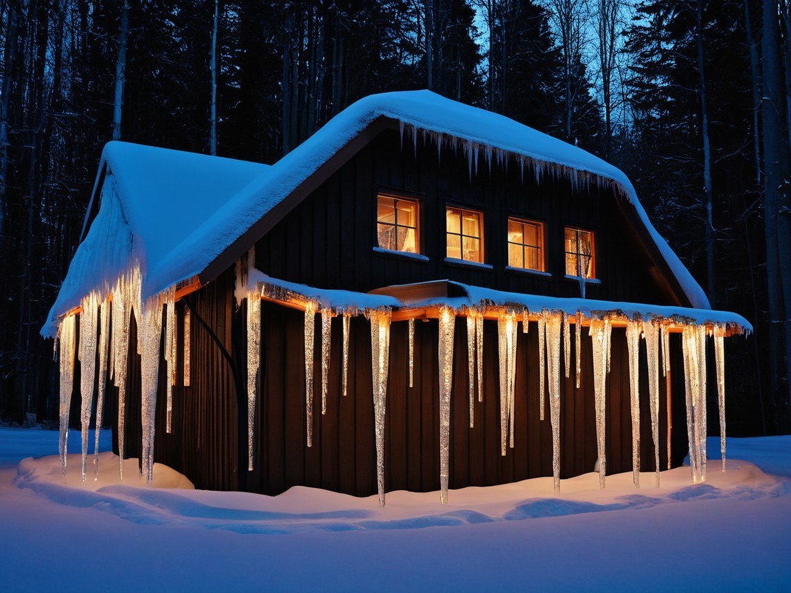 Wooden Cabin in Serene Winter Landscape with Icicles