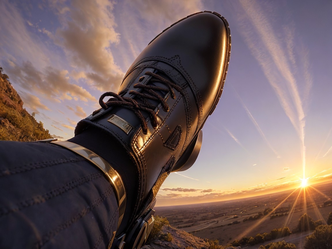 Black Boot on Rocky Ledge at Sunset with Clouds