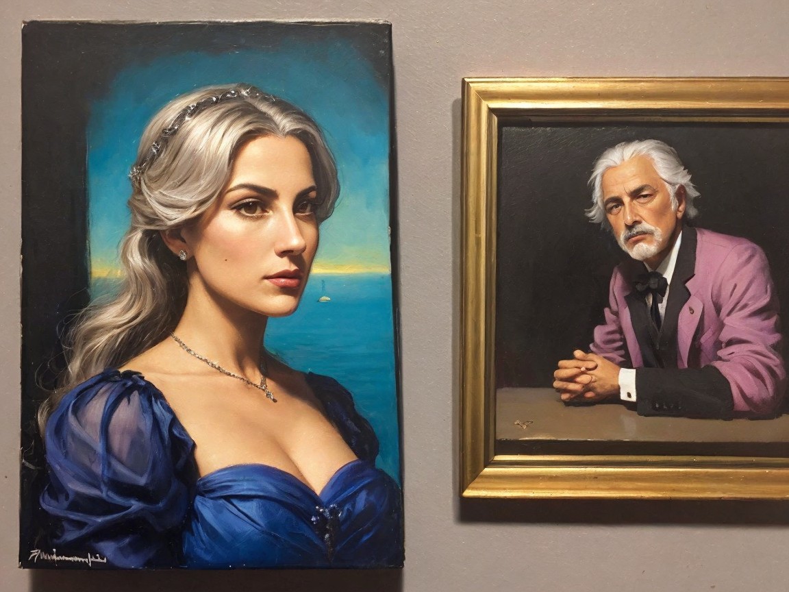 Two Portraits of a Woman and Older Man on a Wall