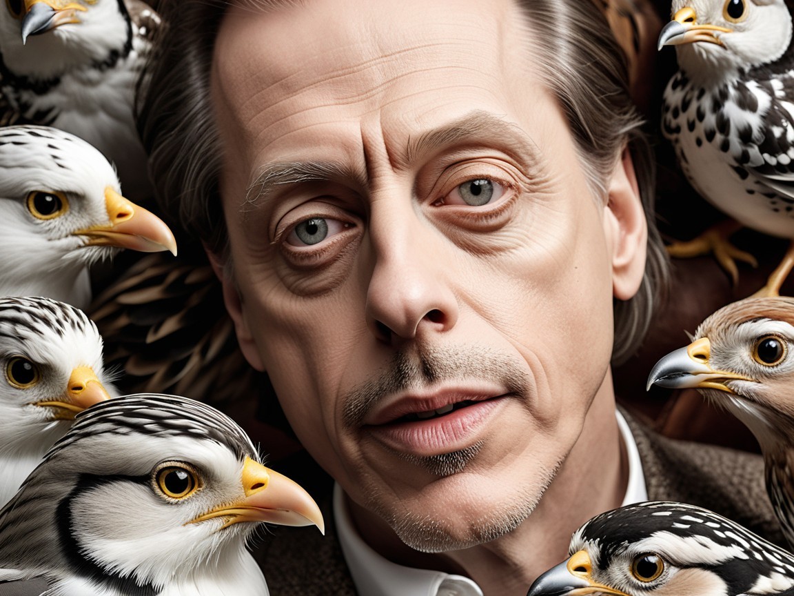 Man with Thoughtful Expression Surrounded by Colorful Birds