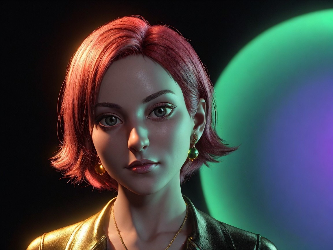 3D Rendering of Young Woman with Pink Hair and Orbs