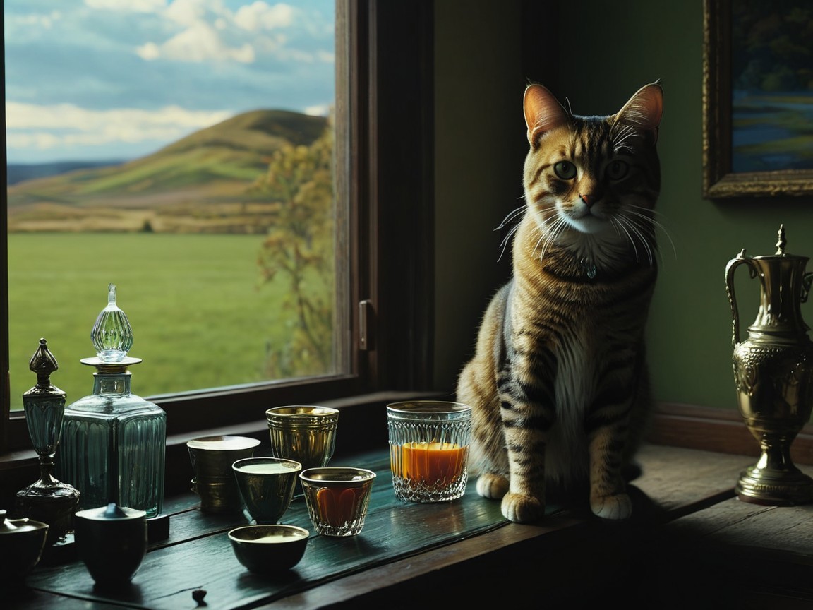 Striped Tabby Cat on Table with Glassware and Landscape