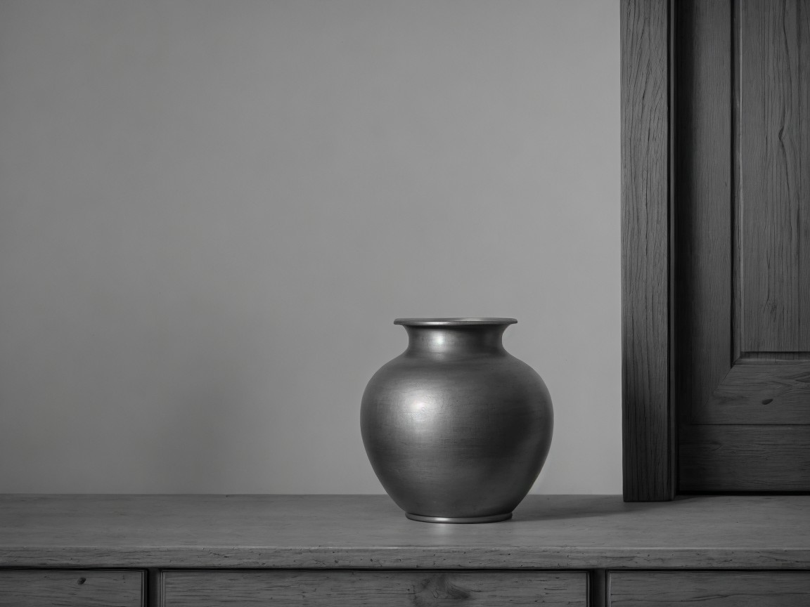 Metallic Vase on Wooden Surface in Minimalist Setting