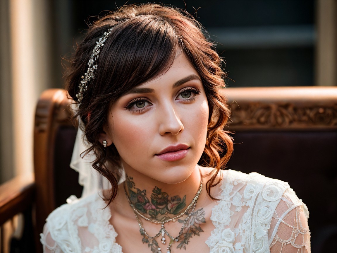 Close-Up Portrait of Woman in Vintage Lace Gown