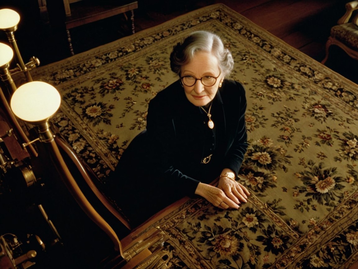 Mature Woman in Elegant Outfit on Vintage Rug