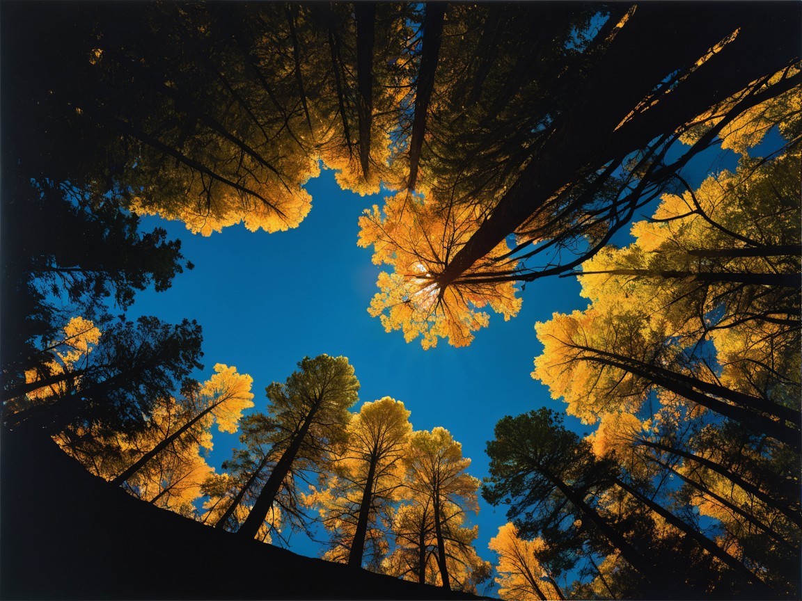 Tall Tree Trunks with Yellow Leaves and Blue Sky