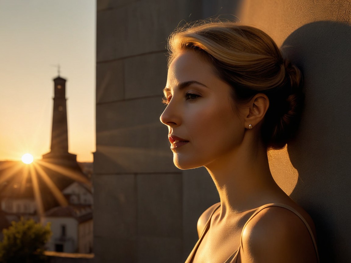 Woman in profile against a sunset with tower backdrop