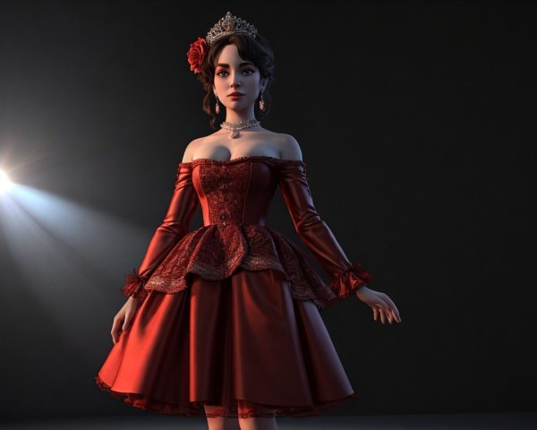 Young Woman in Elegant Red Gown Under Spotlight