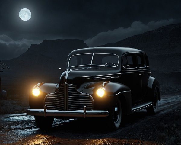 Vintage Black Car on Dirt Road Under Full Moon