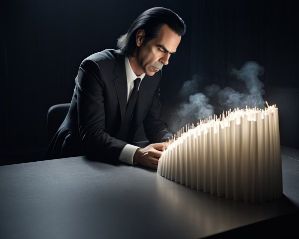 Man in Black Suit at Table with Candle Arrangement